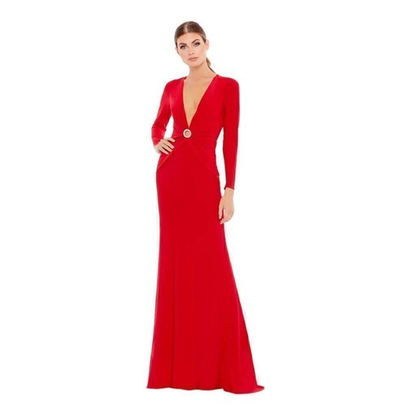 NWT Leena Mac Duggal Red Gathered  pearl Long Sleeve  Keyhole Gown Dress size 2 - Picture 1 of 15